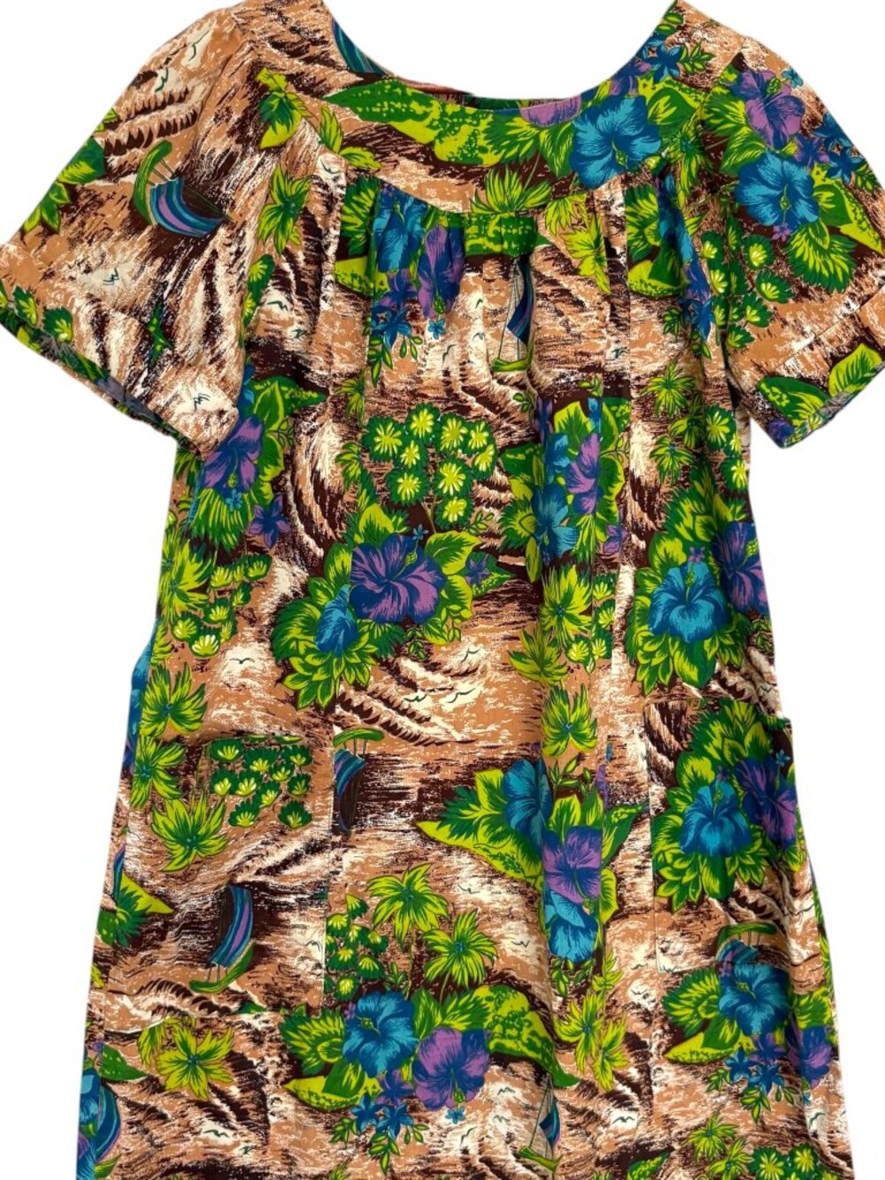 Vintage 60s 70s Sears Mumu Maxi Dress Small S Green Tan Hawaiian Hibiscus Floral